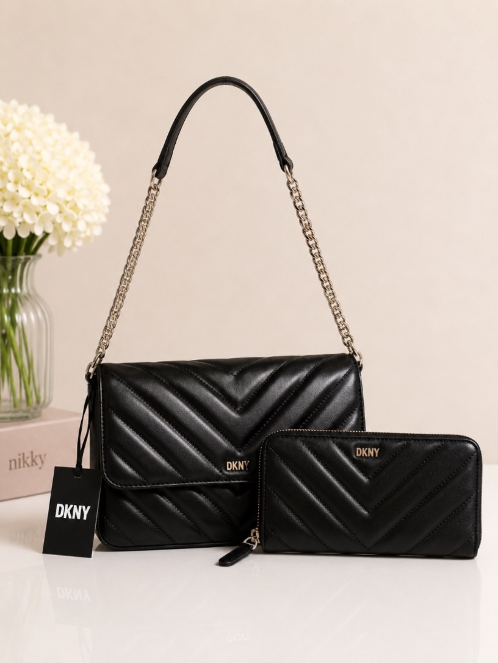 NWT DKNY Veronica Quilted Crossbody Shoulder Bag + Matching Wallet Set Black